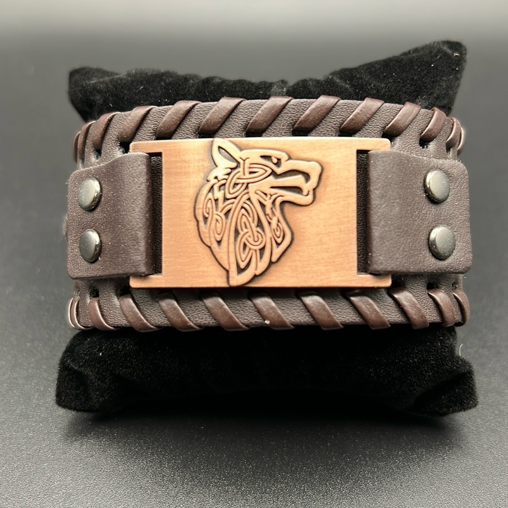 PRICE IS FIRM - Handmade Bronze Wolf Faux Leather Bracelet